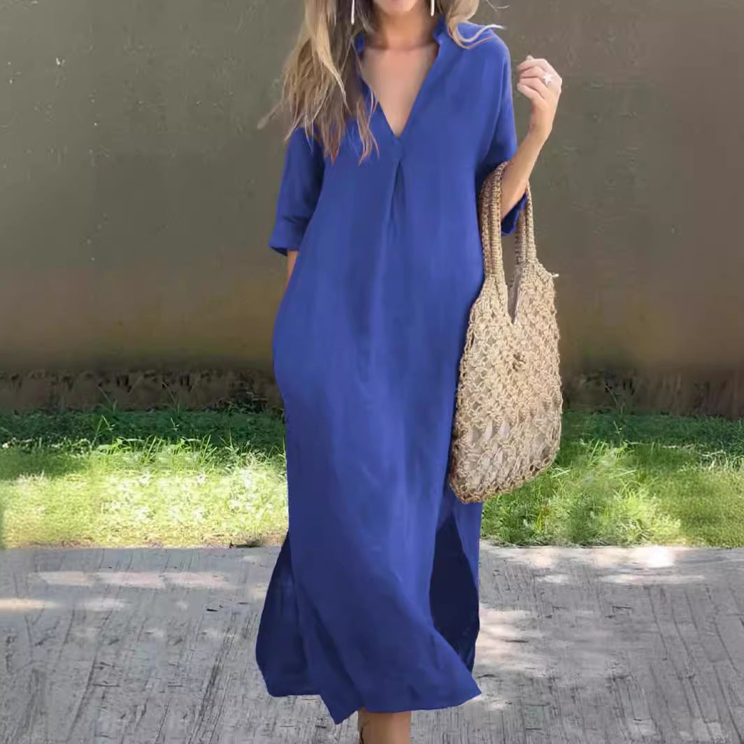 🌿💃【50% popusta 🔥】【S–3XL】Duga haljina od lana s V-izrezom i prorezima, udobna i lagana za ljeto