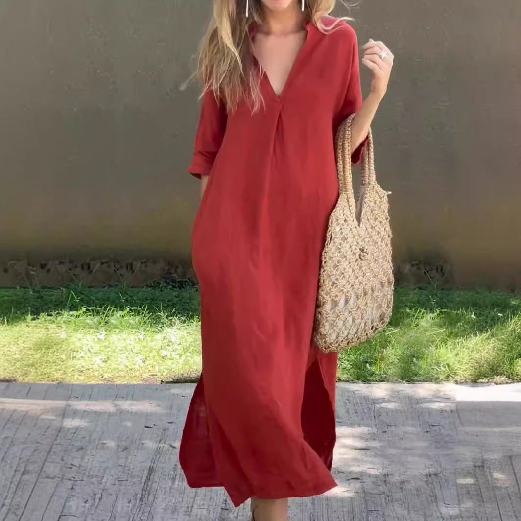 🌿💃【50% popusta 🔥】【S–3XL】Duga haljina od lana s V-izrezom i prorezima, udobna i lagana za ljeto