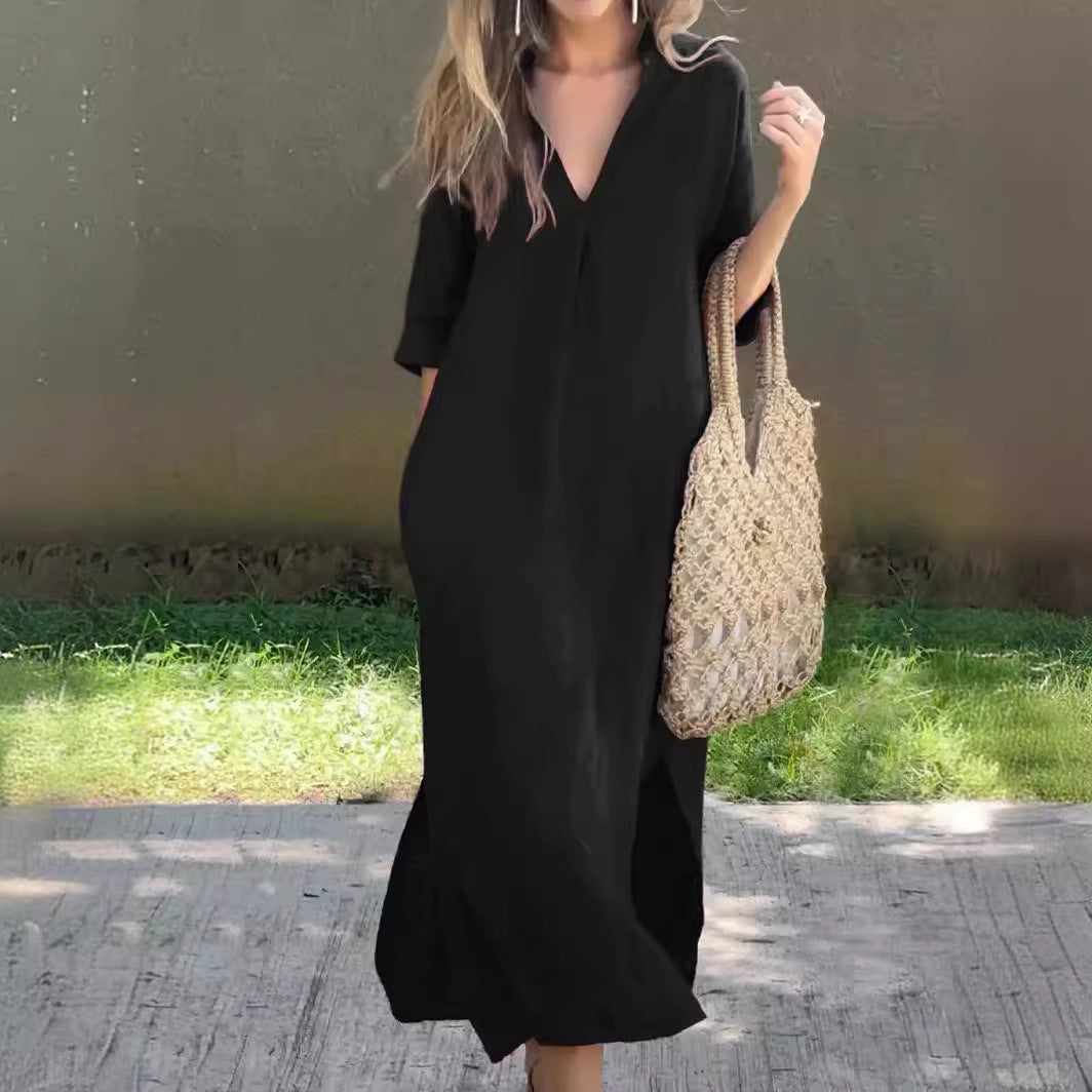 🌿💃【50% popusta 🔥】【S–3XL】Duga haljina od lana s V-izrezom i prorezima, udobna i lagana za ljeto