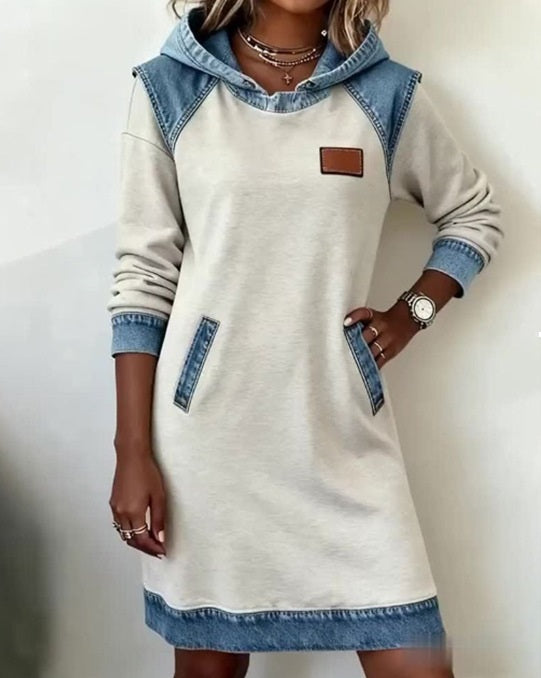 【Doprava zdarma】🌷🌞【S-3XL】Zimní džínové patchworkové šaty s kapucí · Pohodlné · Každodenní styl · 50% sleva + rychlé doručení