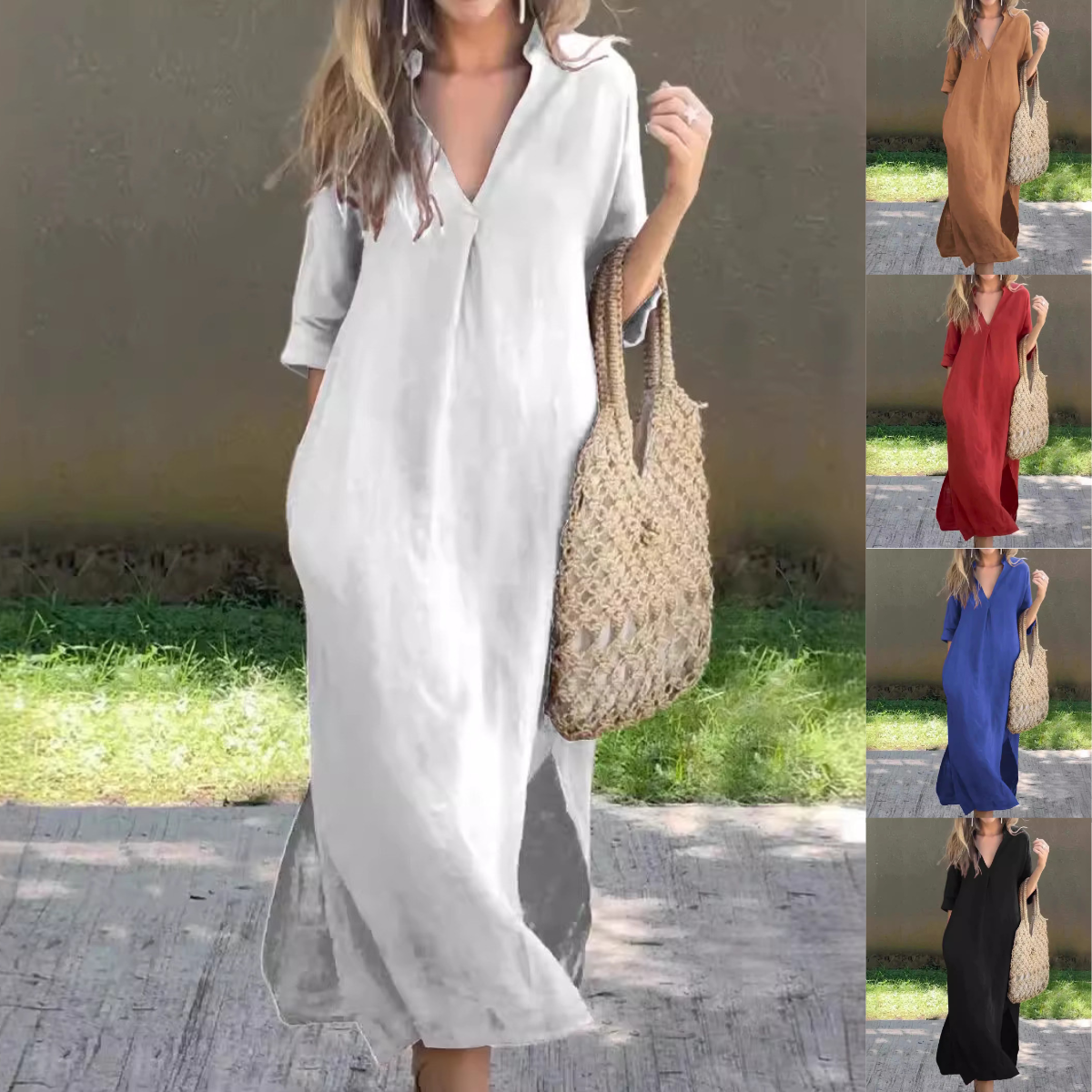 🌿💃【50% popusta 🔥】【S–3XL】Duga haljina od lana s V-izrezom i prorezima, udobna i lagana za ljeto