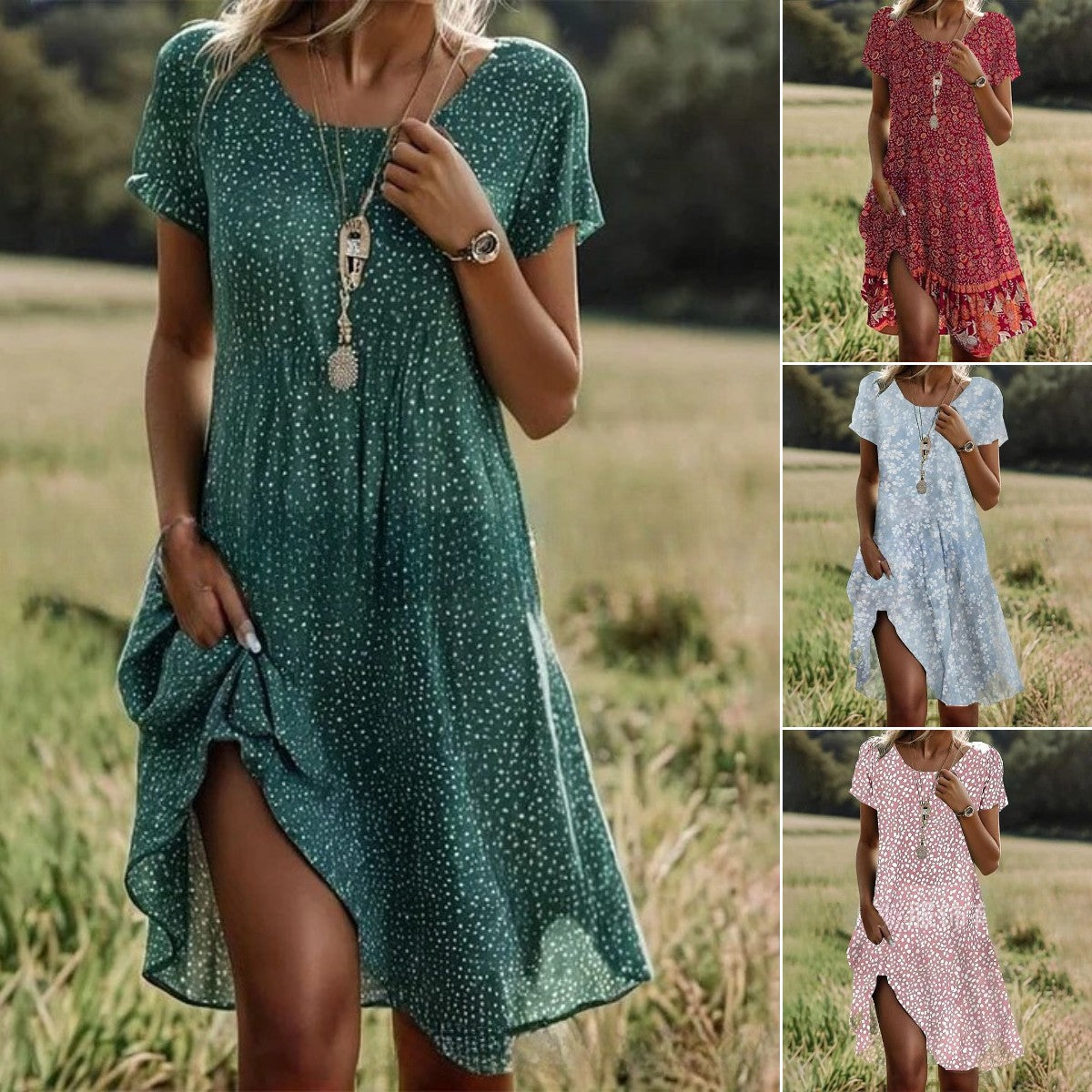 ✨👗【S-3XL】2024-es új alkalmi ruha kerek nyakkivágással, tavaszi és nyári nyomattal