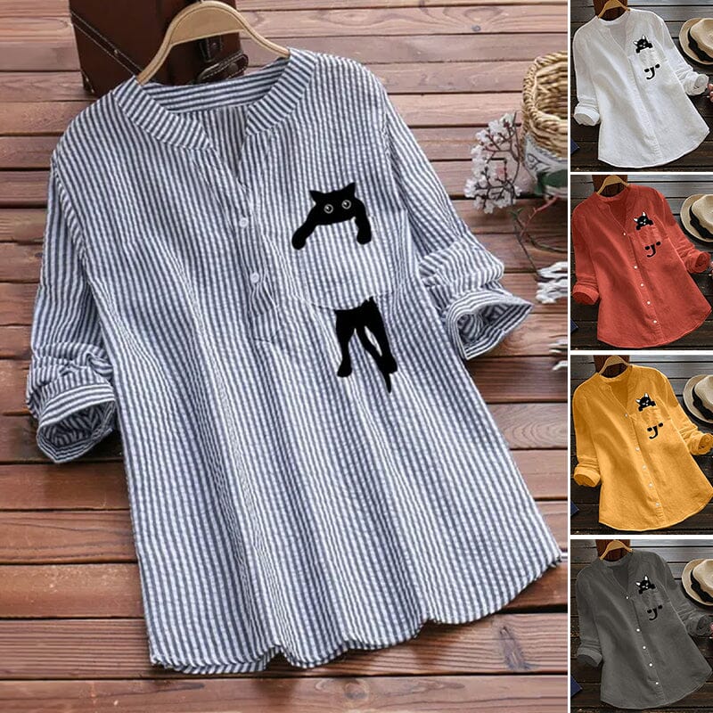 【S-3XL】😻 Hosszú ujjú V-nyakú macskamintás pamutblúz