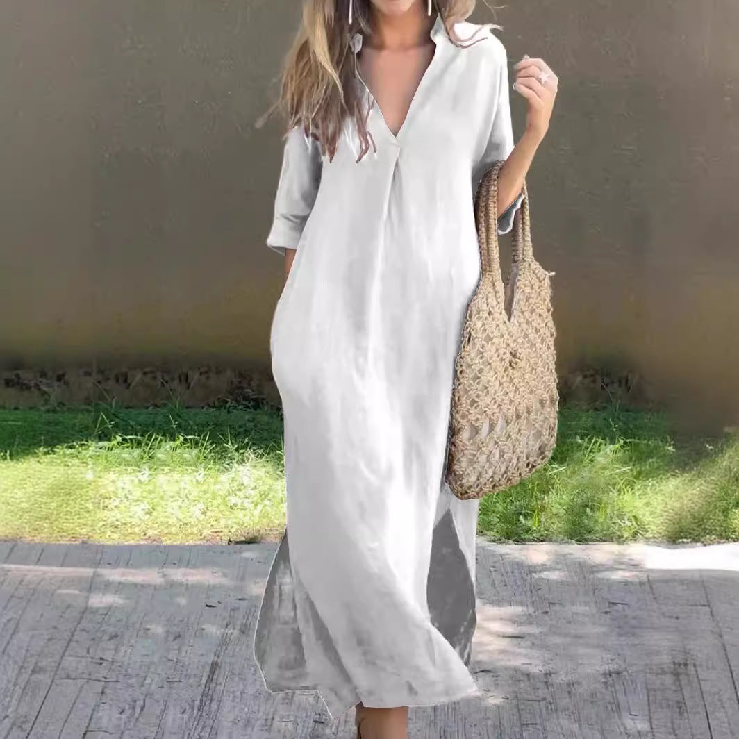🌿💃【50% popusta 🔥】【S–3XL】Duga haljina od lana s V-izrezom i prorezima, udobna i lagana za ljeto