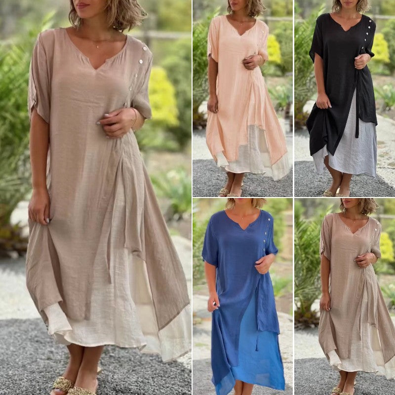 【S-4XL】Divatos V-nyakú hamis kétrészes szabálytalan ruha