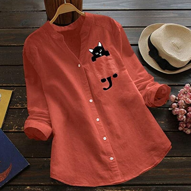 【S-3XL】😻 Hosszú ujjú V-nyakú macskamintás pamutblúz