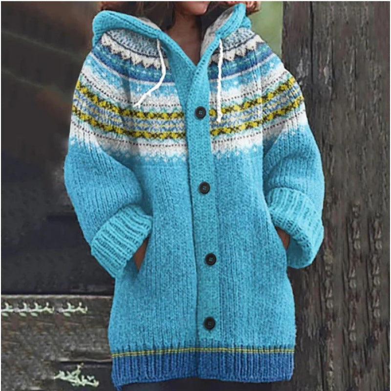 ⭐ 50% SLEVA 🔥 ✨ Nový dámský pletený svetr s kapucí, geometrickým vzorem a zapínáním na knoflíky, ideální na podzim a zimu, velikosti S–5XL.