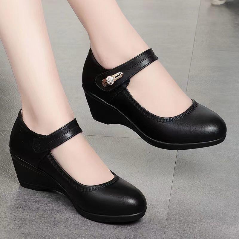 šš”ć35-41ćZapatos de piel suave con suela blanda y tacón de cuƱa antideslizantes para madres