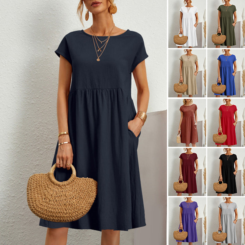 ✨【S-5XL】👗2025 női pamutvászon kerek nyakú, laza vonalú ruha