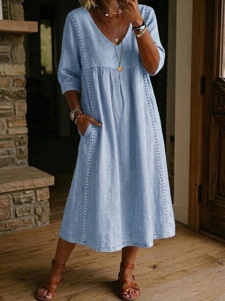 ✨ Az 50% kedvezmény utolsó napja【S–3XL】Új nyári női midi ruha pamutból és lenből, V-nyakkal, laza szabással és karcsúsító hatással, légáteresztő és kényelmes
