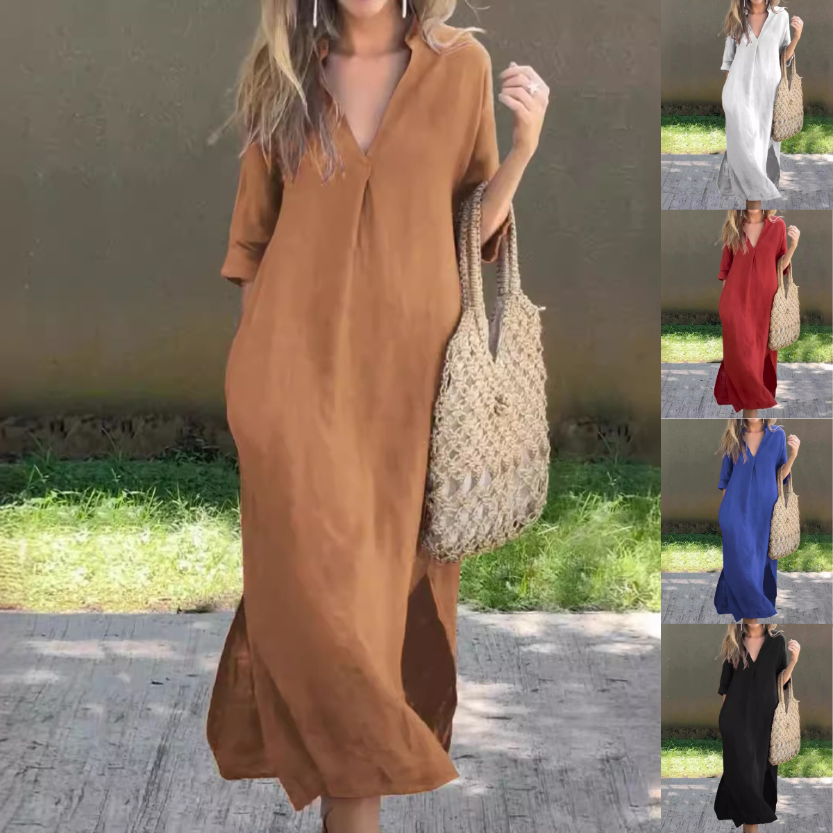 🌿💃【50% popusta 🔥】【S–3XL】Duga haljina od lana s V-izrezom i prorezima, udobna i lagana za ljeto