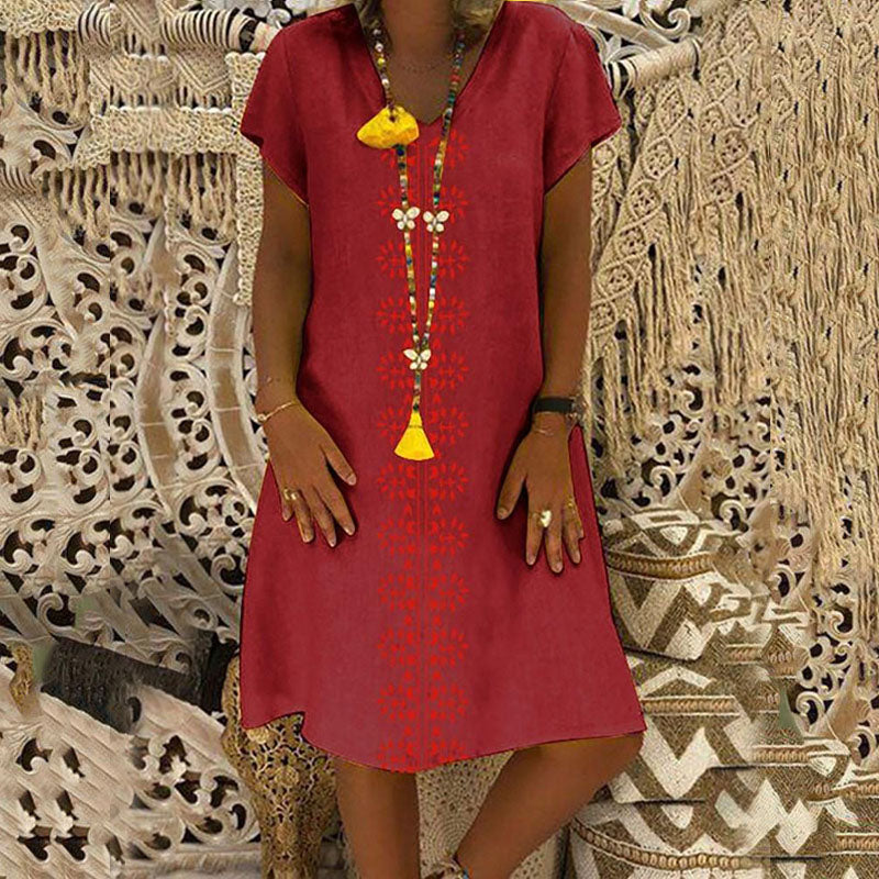 【🏆Akciós akció】👗【S-5XL】Mintás pamut V-nyakú nyomott ruha.