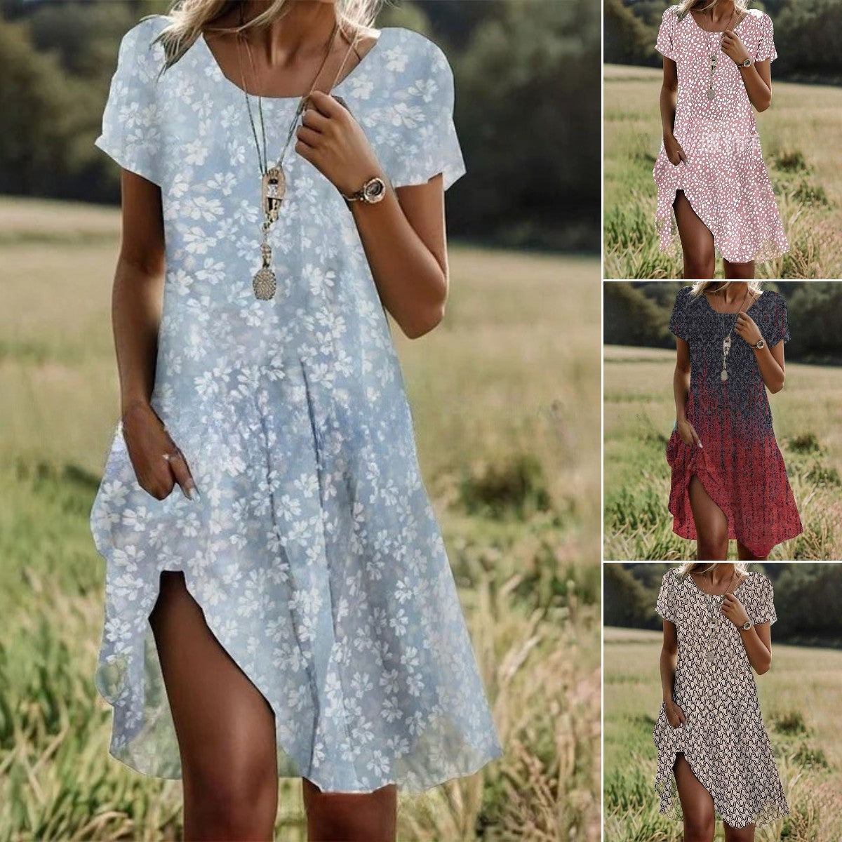 ✨👗【S-3XL】2024-es új alkalmi ruha kerek nyakkivágással, tavaszi és nyári nyomattal