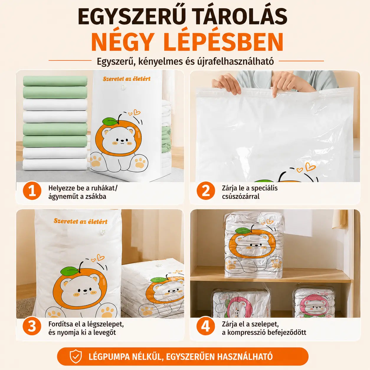 ✨🗃️ 5 darab 9900 Ft -ért 💨 Nagy méretű vákuumos tárolózsák: nem igényel pumpát, szivárgásmentes, ideális helytakarékossághoz bőröndben és otthon ✈️