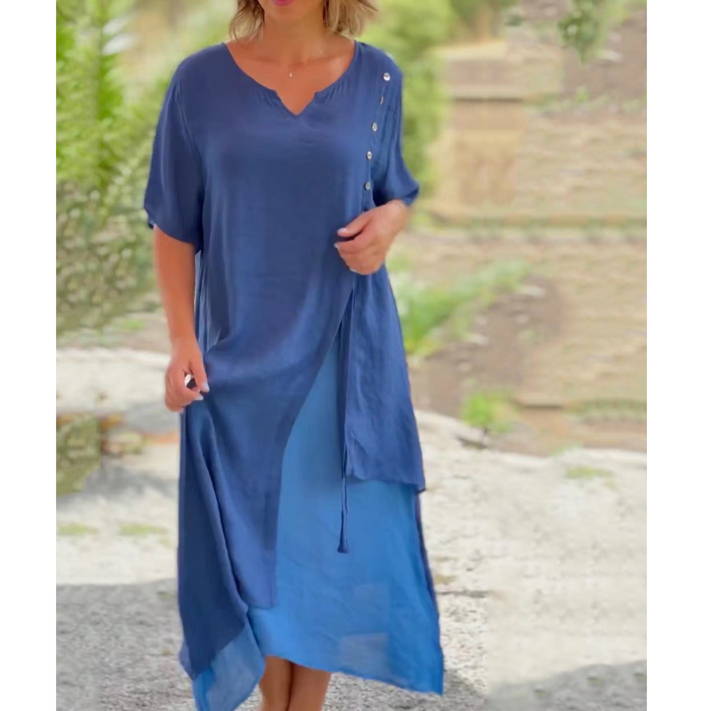 【S-4XL】Divatos V-nyakú hamis kétrészes szabálytalan ruha