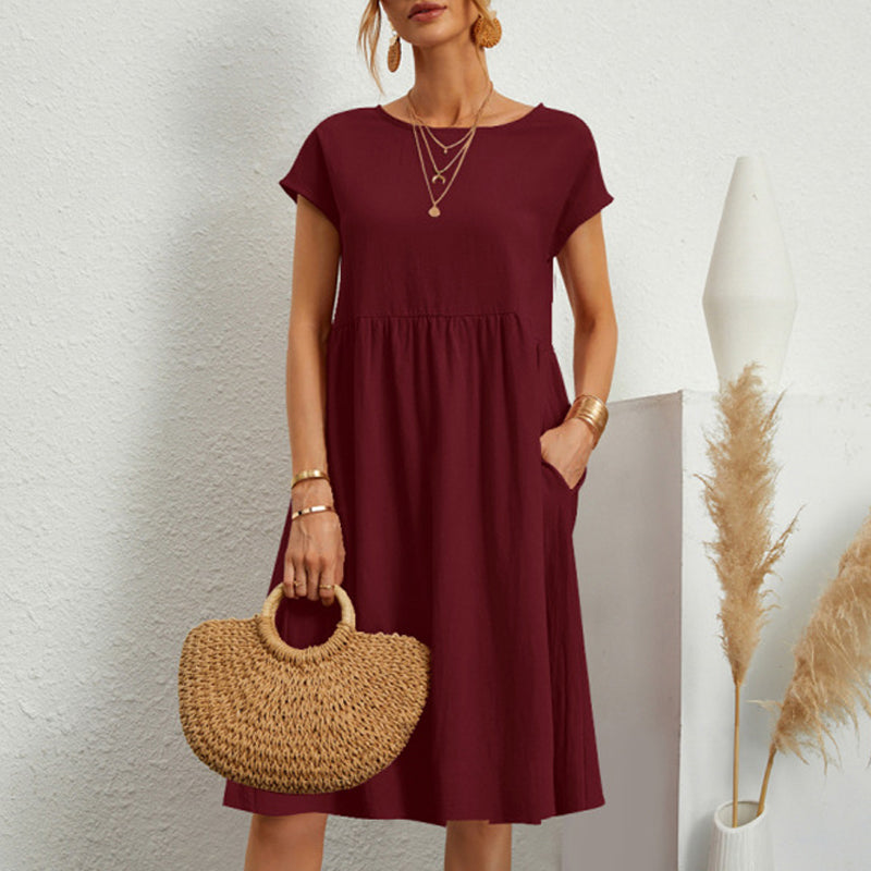 ✨【S-5XL】👗2025 női pamutvászon kerek nyakú, laza vonalú ruha
