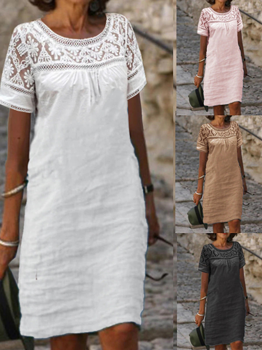 【S~3XL】Az új kerek nyakú patchwork csipke nyári ruha pamutból és lenből
