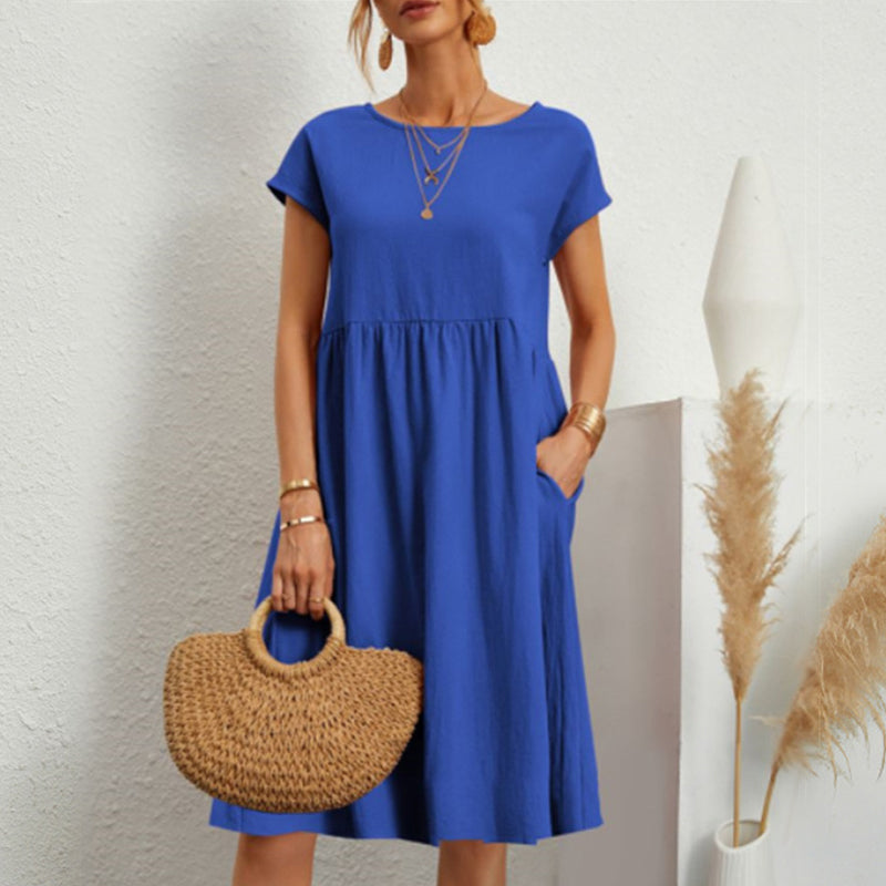 ✨【S-5XL】👗2025 női pamutvászon kerek nyakú, laza vonalú ruha