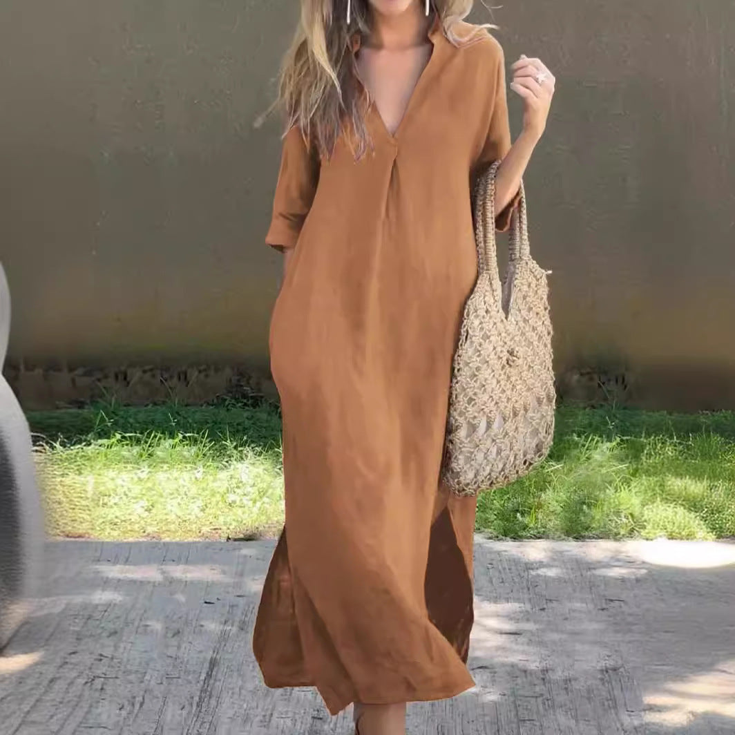 🌿💃【50% popusta 🔥】【S–3XL】Duga haljina od lana s V-izrezom i prorezima, udobna i lagana za ljeto