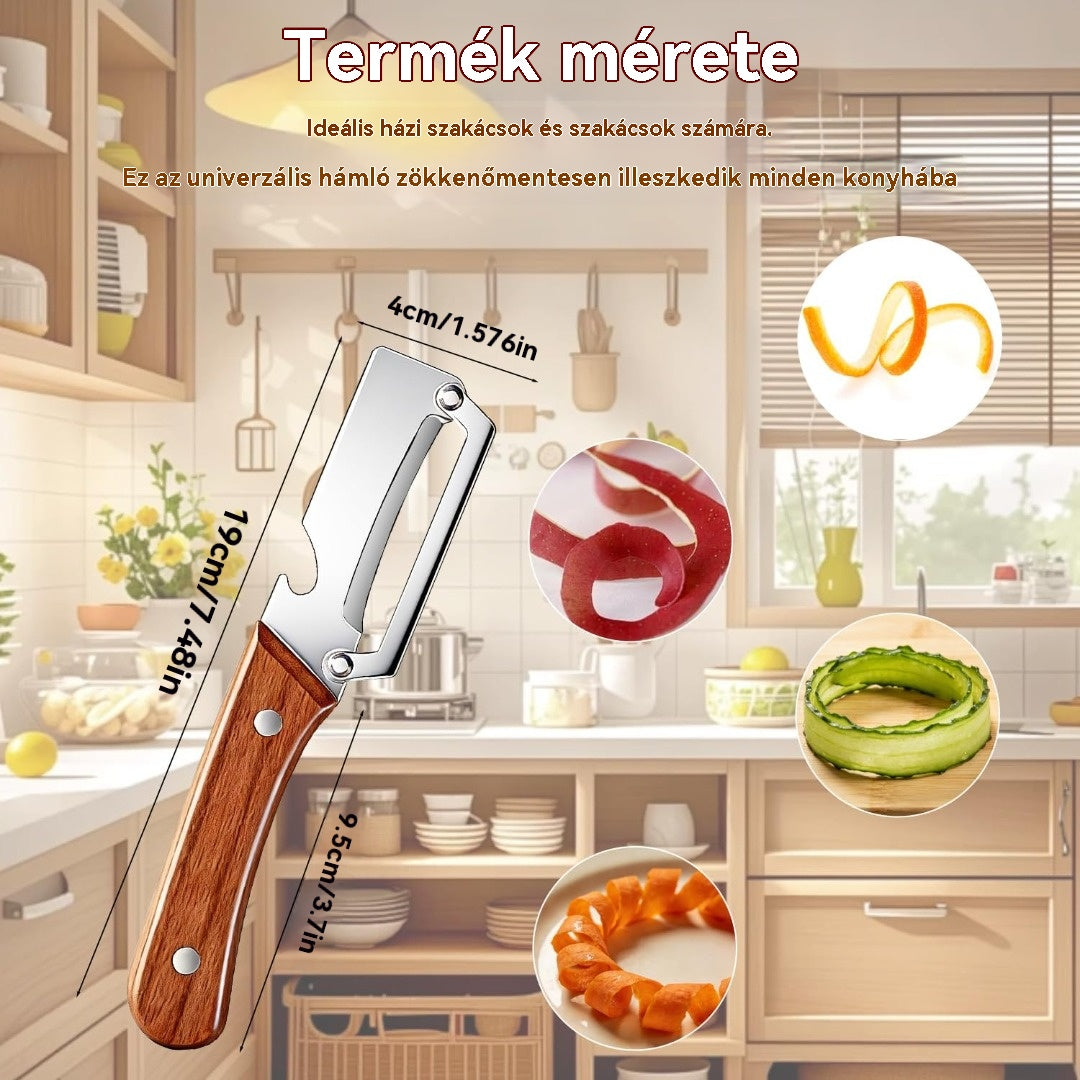 🔪【Vásárolj egyet, kapsz egyet ingyen】🔥Multifunkcionális konyhai kaparó ultraéles rozsdamentes acél pengékkel és fa nyéllel, üvegnyitóval.