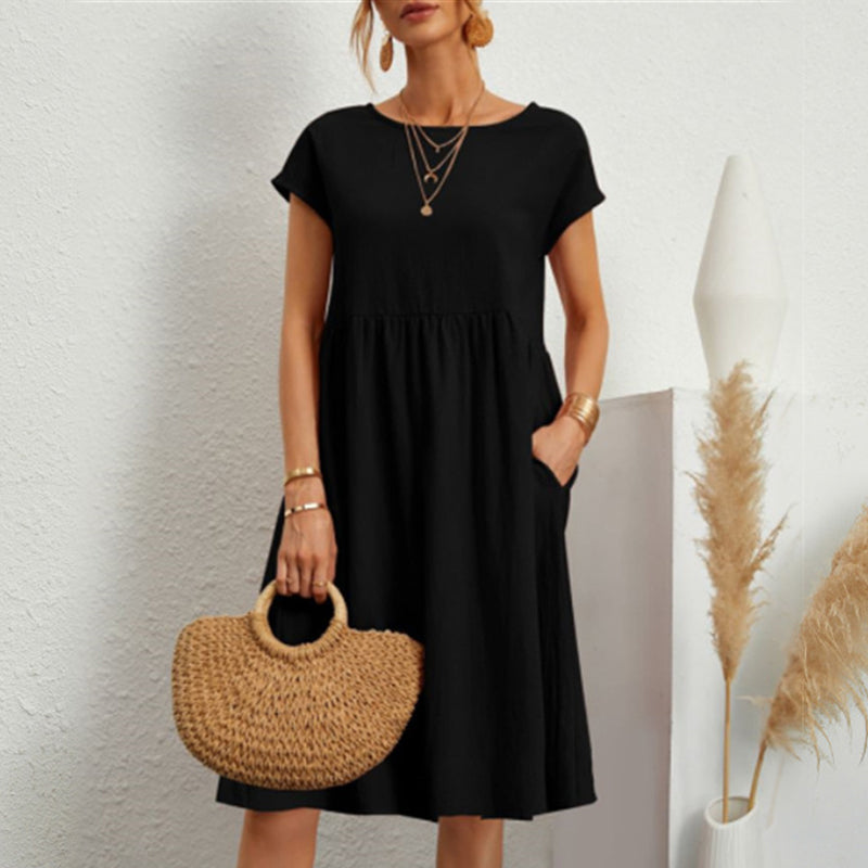 ✨【S-5XL】👗2025 női pamutvászon kerek nyakú, laza vonalú ruha