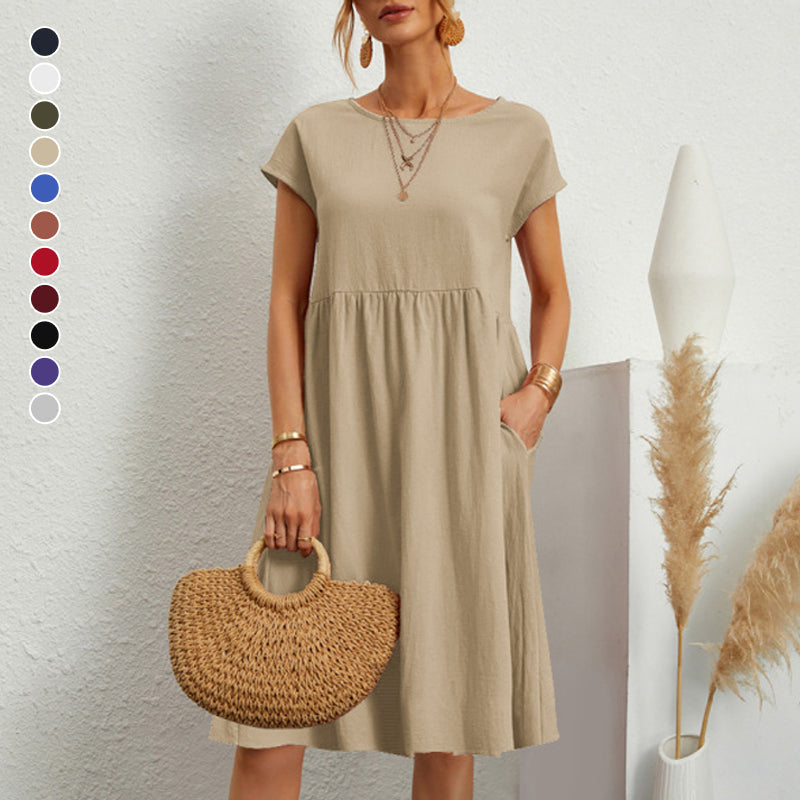 ✨【S-5XL】👗2025 női pamutvászon kerek nyakú, laza vonalú ruha