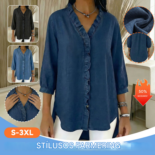 🔥50% kedvezmény【S-3XL】Női alkalmi farmer ing V-nyakkal és fodrokkal