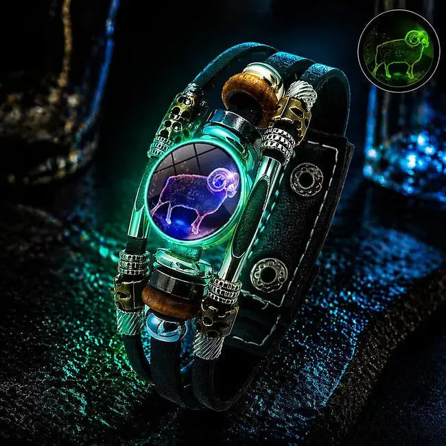 🌙 Svítící kožený náramek se znamením zvěrokruhu – třípramenný cop, nastavitelná délka, unisex 💫✨