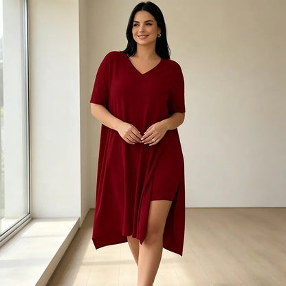 Női kétrészes nyári szett plus size nőknek, hosszú póló oldalsó hasítékkal és rövidnadrág, puha, rugalmas és lélegző anyagból