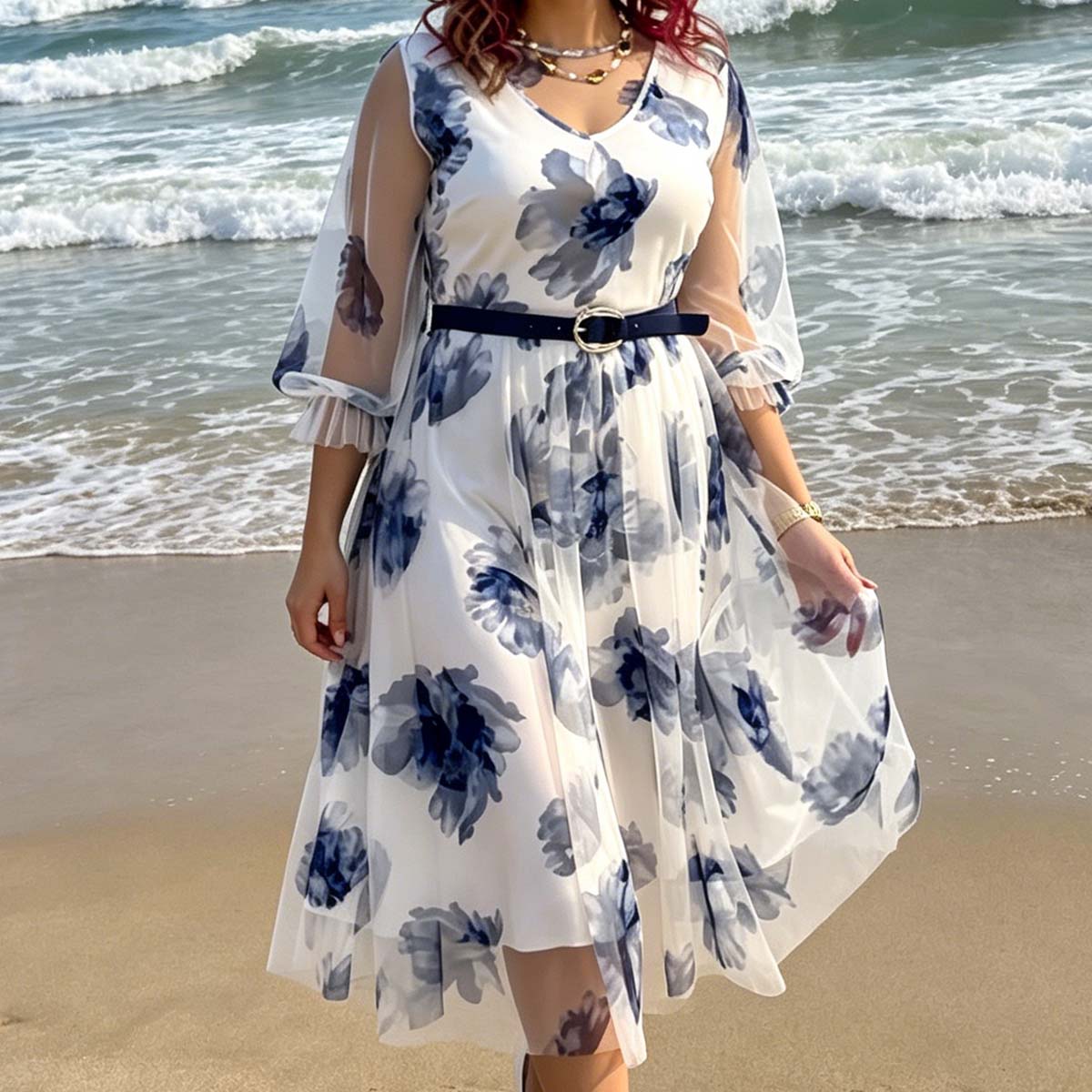 🌸 S-5XL női francia stílusú derékpántos, nyakba kötős virágmintás ruha – karcsúsító, elegáns nyári strandruha
