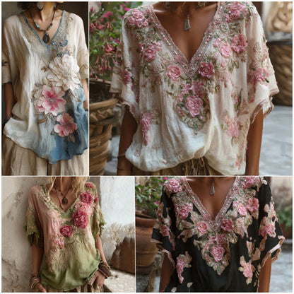 💕 Elegáns, mély V-nyakú, virágmintás blúz 【Korlátozott ideig érvényes ajánlat: 45% kedvezmény】 S–4XL méretek