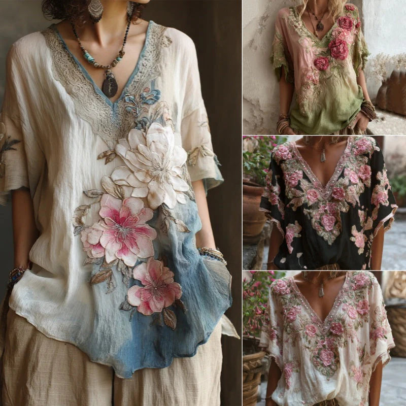 💕 Elegáns, mély V-nyakú, virágmintás blúz 【Korlátozott ideig érvényes ajánlat: 45% kedvezmény】 S–4XL méretek
