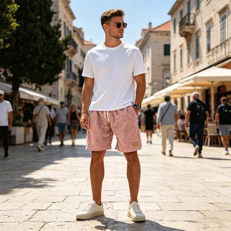 ⏳🔥【Utolsó nap -50%】👖【S-5XL】【55-110 kg】Férfi lezser rövidnadrág 2026 lenvászon hatással és húzózsinórral (nagy méretekben).