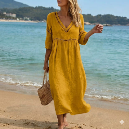 👗【S-3XL】Nyári divatos pamutvászon ruha, V-nyakú kialakítás, lélegző és kényelmes, karcsúsító