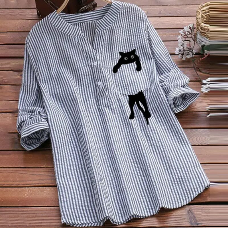 【S-3XL】😻 Hosszú ujjú V-nyakú macskamintás pamutblúz