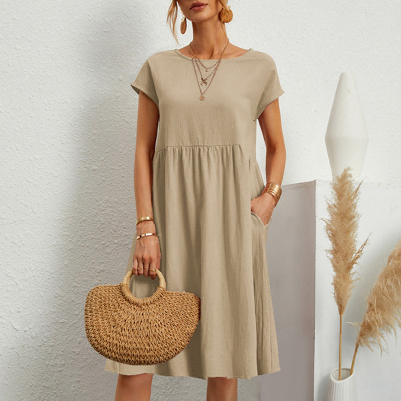 ✨【S-5XL】👗2025 női pamutvászon kerek nyakú, laza vonalú ruha