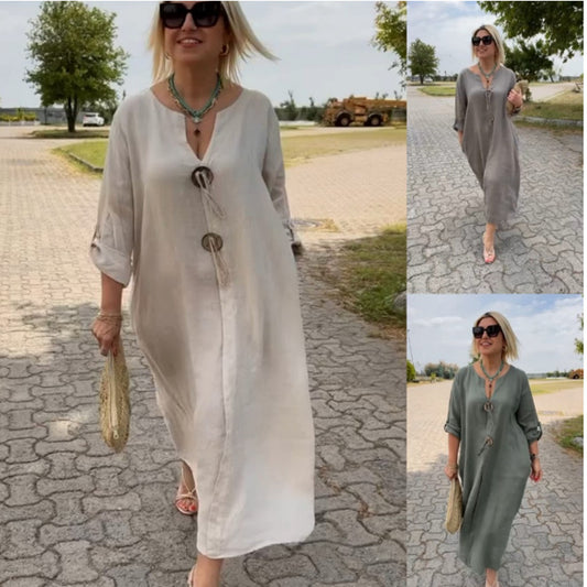 💖👗【S-5XL】Pamut és len V-nyakú alkalmi ruha