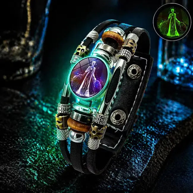 🌙 Svítící kožený náramek se znamením zvěrokruhu – třípramenný cop, nastavitelná délka, unisex 💫✨