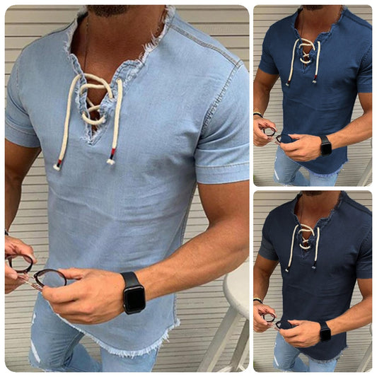 🤠【40-110 kg✨】👔 Nagy méretű férfi farmeringek rövid ujjúval és csipkével, rugalmas anyagból ✅️Utánvétes fizetés