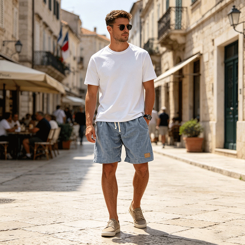 ⏳🔥【Utolsó nap -50%】👖【S-5XL】【55-110 kg】Férfi lezser rövidnadrág 2026 lenvászon hatással és húzózsinórral (nagy méretekben).
