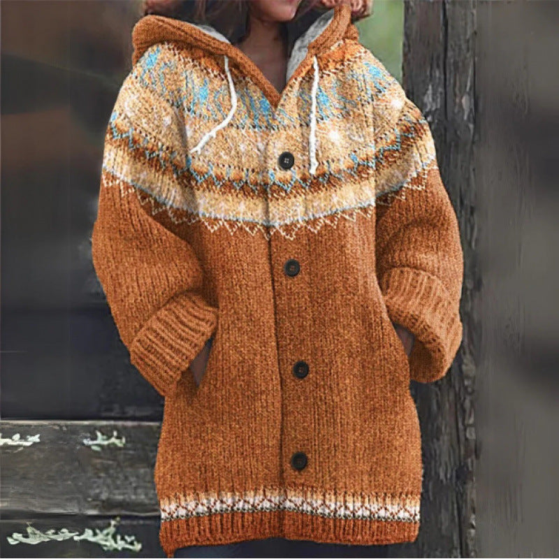 ⭐ 50% SLEVA 🔥 ✨ Nový dámský pletený svetr s kapucí, geometrickým vzorem a zapínáním na knoflíky, ideální na podzim a zimu, velikosti S–5XL.