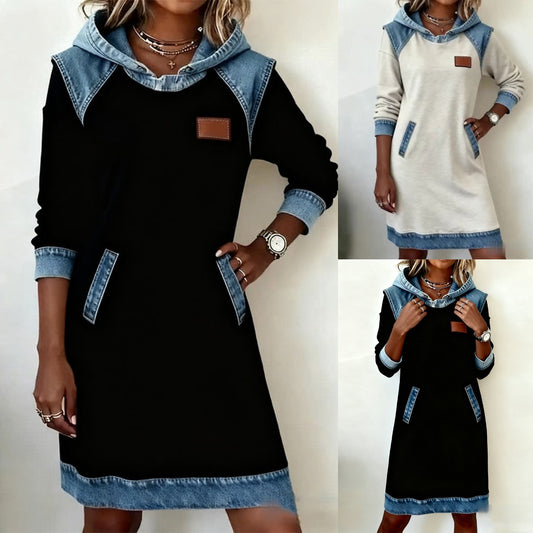 【Doprava zdarma】🌷🌞【S-3XL】Zimní džínové patchworkové šaty s kapucí · Pohodlné · Každodenní styl · 50% sleva + rychlé doručení