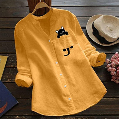 【S-3XL】😻 Hosszú ujjú V-nyakú macskamintás pamutblúz