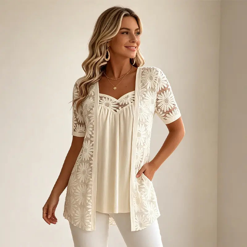 👚 Elegantní halenky 2 v 1 s krajkou a síťovinou – zeštíhlující střih proti bříšku, 5 barev, velikosti S–4XL! 🌸✨