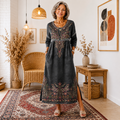 Julieta | Retro elegáns, testhezálló ruha, kerek nyakú, virágmintás maxi ruha