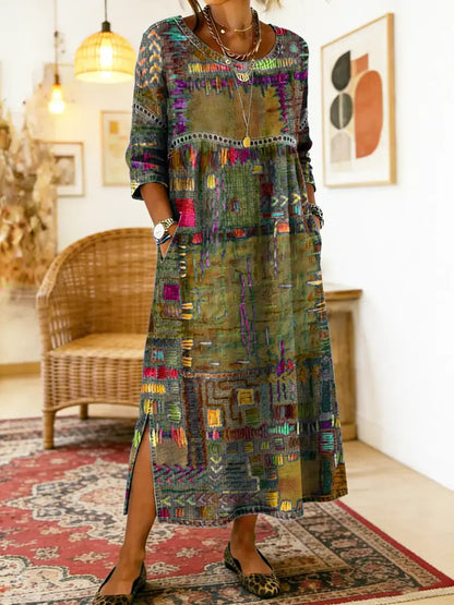 Manuela | Bohém maxi ruha etnikus patchwork mintával