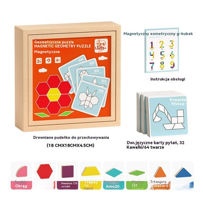 👶🌈🧩【128 elementów】🔥Magnetyczna drewniana układanka tangram, zabawka edukacyjna dla dzieci, pobudzająca myślenie