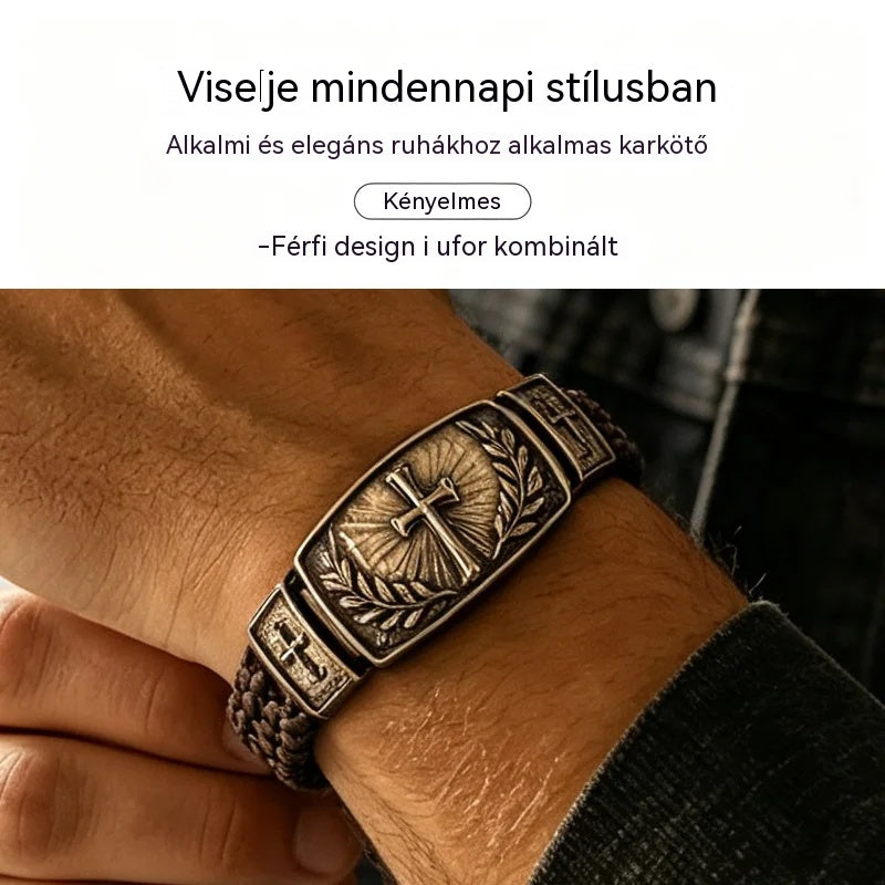 Férfi szőtt bőr karkötő, kereszttel és olajbogyó koszorúval díszítve, vintage fémből, különleges ajándék.