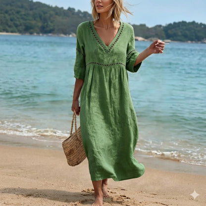👗【S-3XL】Nyári divatos pamutvászon ruha, V-nyakú kialakítás, lélegző és kényelmes, karcsúsító