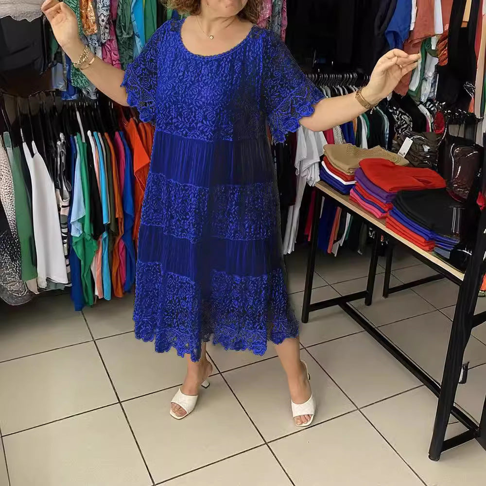 👗【S-5XL】Új stílusú rövid ujjú kerek nyakú csipke elegáns ruha
